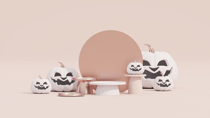 Halloween scene with product podium on rose gold,pastel pink, white background. Pink Pumpkins stage with display podium. Autumn 3d design template for banner, advertisement mockup for Halloween	
