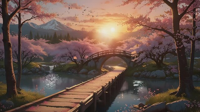 A serene landscape featuring a sunset, cherry blossoms, a bridge over a river, and mountains in the background. The scene captures the tranquility and beauty of nature