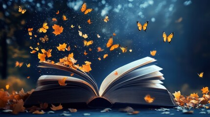 Naklejka premium Open Book With Butterflies and Autumn Leaves.