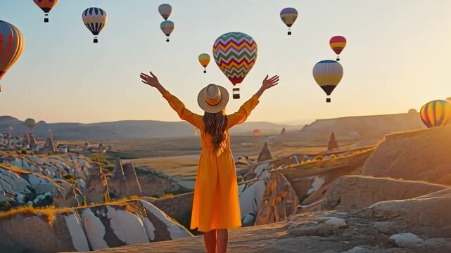 Content woman admiring hot air balloons in Turkey's Cappadocia region. Concept of Happy Travelling in Turkey. Woman admiring the amazing view from the summit of a mountain.