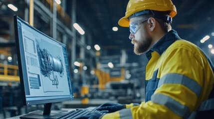 Engineer designing engine working on computer inside the heavy industry factory industrial.