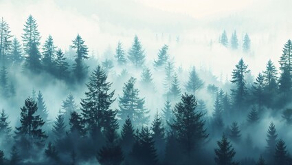 Obraz premium Enchanting Mist Reigns Over Evergreen Forest, Embracing Nature's Serenity and Mystery with Soft Hues of Blue and Green, Inviting Reflection and Calmness for All Who Wander.
