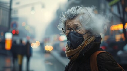 In the midst of a hazy urban landscape, an elderly woman wearing a mask gazes pensively while surrounded by soft bokeh lights, reflecting a moment of quiet resilience and reflection.