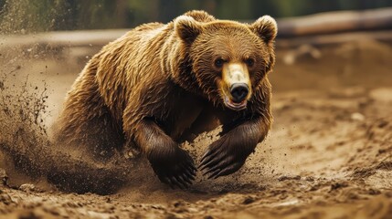 Obraz premium Brown Bear Running Through the Forest.