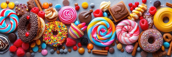 Colorful variety of confections on a muted backdrop