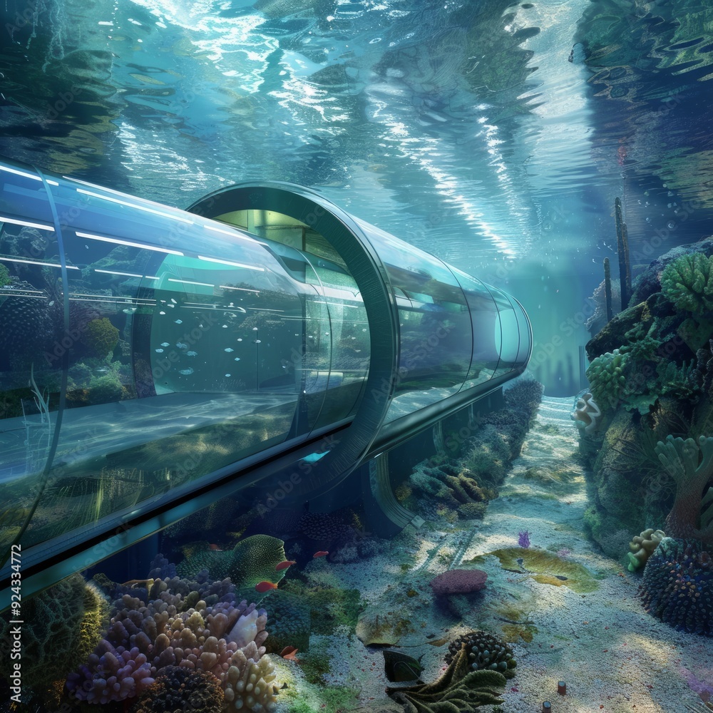 Sticker Underwater tunnel with clear glass panels, allowing for views of vibrant coral reefs and marine life.