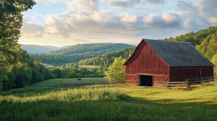 Obraz premium Red Barn in a Rural Setting.