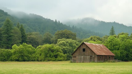 Fototapeta premium Old Wooden Barn in a Foggy Forest.