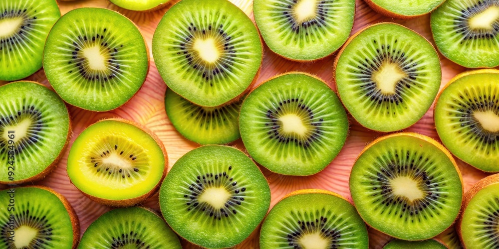 Wall mural close up of juicy and fresh kiwi fruit slices on a colorful background, kiwi, fruit, green, tropical