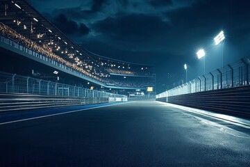 Fast ride on racing track and empty grandstands around asphalt road at night. Professional digital 3d illustration of racing sports with generative ai