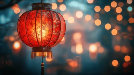 A solitary red lantern glowing against a background of bokeh lights during the Mid-Autumn Festival - Powered by Adobe