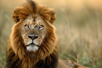 Obraz premium a lion standing in the open savanna, its mane catching the evening breeze. Great for eco-tourism advertisements and educational content about big cats.