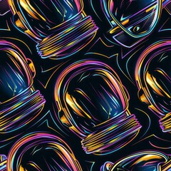 Seamless pattern of neon astronaut helmets, symbolizing the human exploration of space