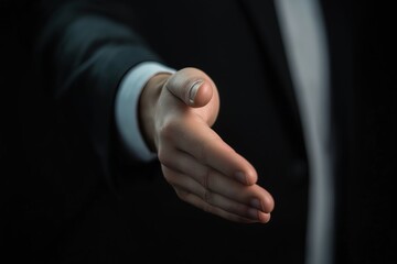 Fototapeta premium A businessman is extending his hand for a handshake, a close-up shot on a black background