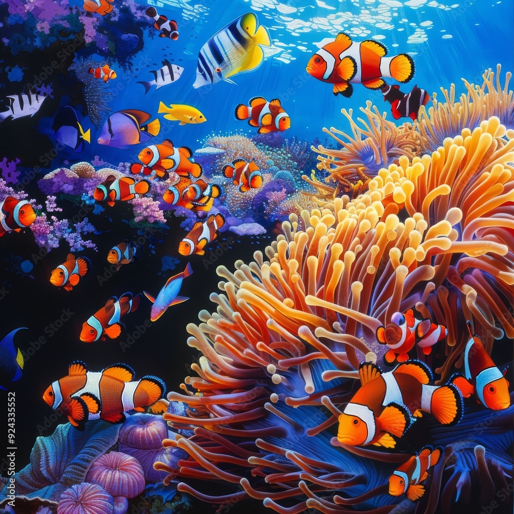 Poster Vibrant clownfish and sea anemones in a colorful coral reef.