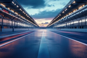 Fototapeta premium Fast ride on racing track and empty grandstands around asphalt road at night. Professional digital 3d illustration of racing sports with generative ai