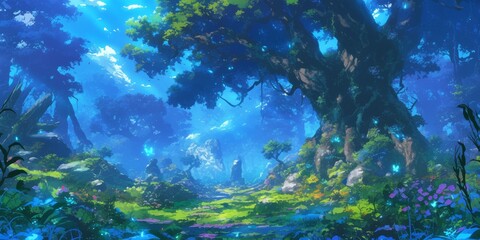 Obraz premium Enchanting Anime-Style Summer Forest Village: Sunlit Magical Woodland Adventure. Creative Natural Scene for Game Book Illustrations and Marketing Visuals. AI-Generated 4K Wallpaper Art for 2025 Season