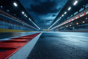Fototapeta premium Fast ride on racing track and empty grandstands around asphalt road at night. Professional digital 3d illustration of racing sports with generative ai