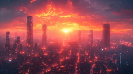 Futuristic Cityscape with Red Sunset