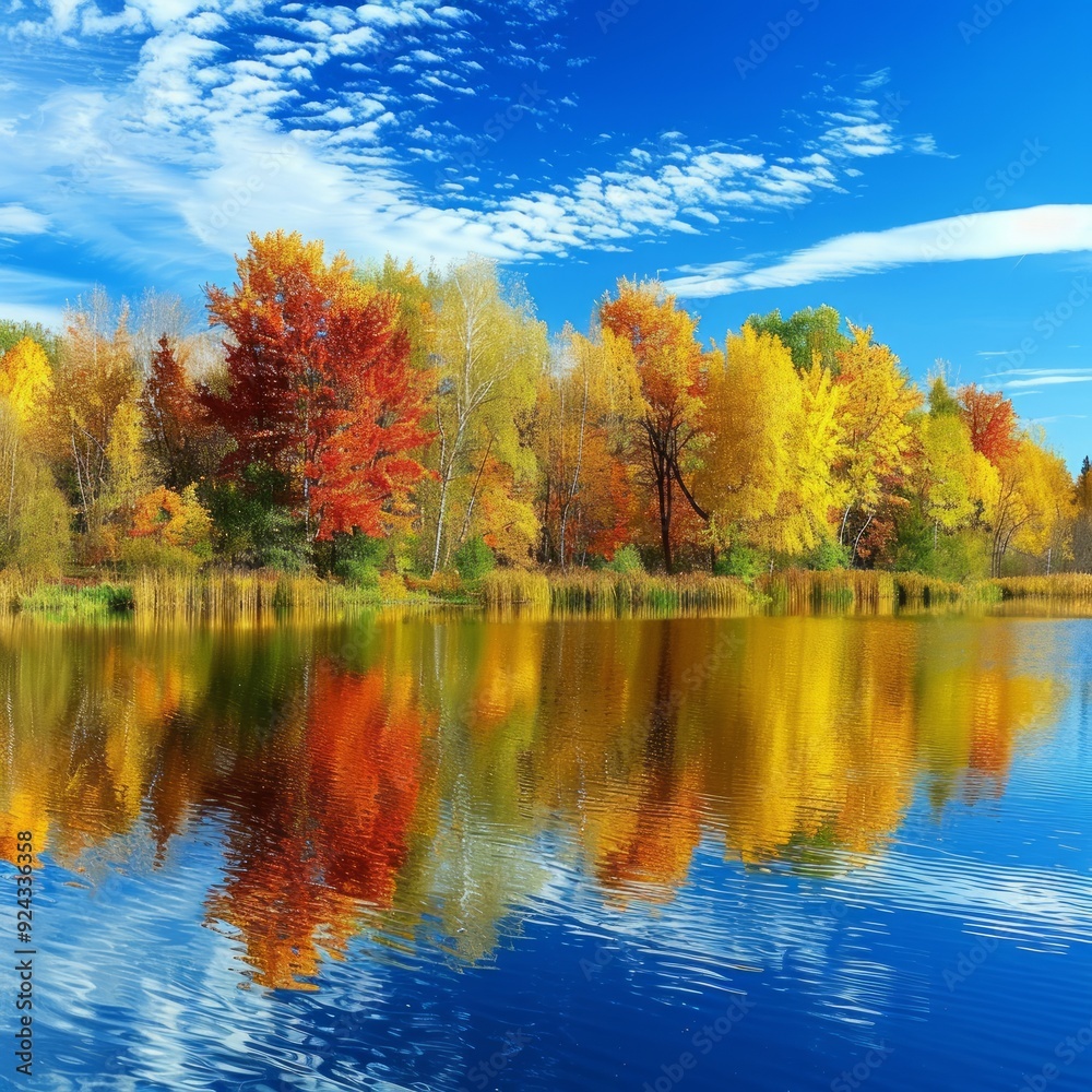 Canvas Prints Vibrant fall foliage reflected in a tranquil lake.