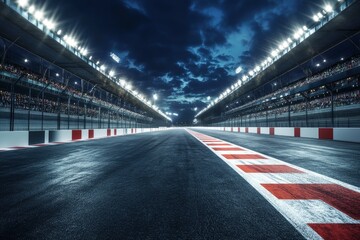 Fototapeta premium Fast ride on racing track and empty grandstands around asphalt road at night. Professional digital 3d illustration of racing sports with generative ai