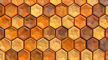A seamless pattern of interlocking hexagons reminiscent of the intricate cells of a honeycomb. Shades of amber and gold give a warm and inviting feel to this design