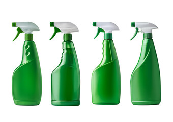 Collection green plastic cleaner spray bottle isolated on a transparent or white background
