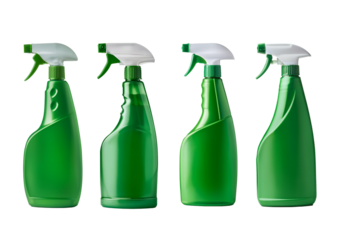 Collection green plastic cleaner spray bottle isolated on a transparent or white background