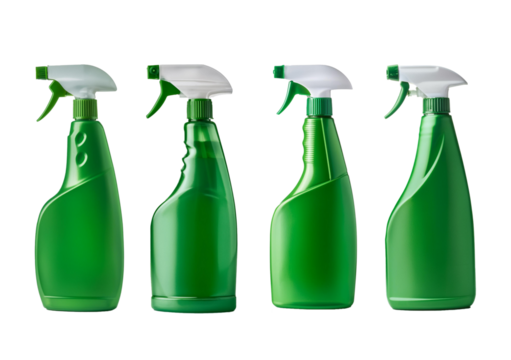Collection green plastic cleaner spray bottle isolated on a transparent or white background