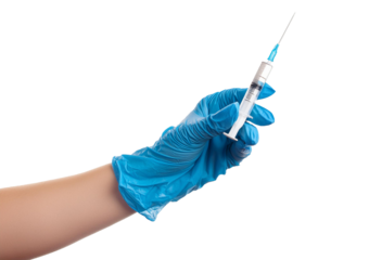 Female hand in medical glove hold syringe isolated on a transparent or white background