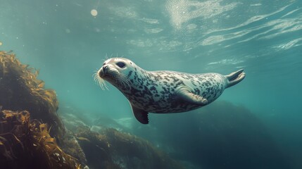 Naklejka premium Harbor Seal Swimming Underwater.