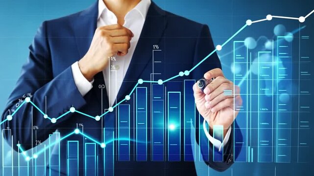 A business professional analyzing financial data with a rising graph.