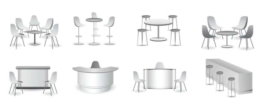 set of realistic trade exhibition chair and table or white blank exhibition kiosk or stand booth corporate commercial. Eps Vector