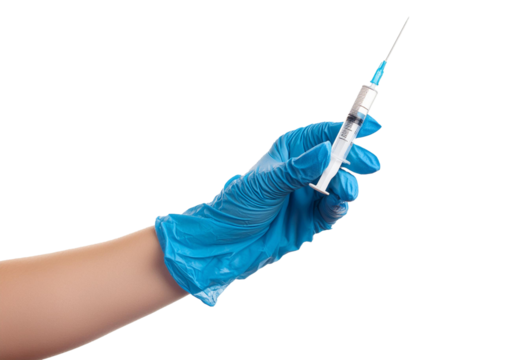 Female hand in medical glove hold syringe isolated on a transparent or white background
