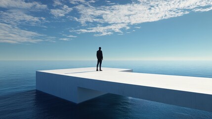 Man Standing on Platform Overlooking Ocean.