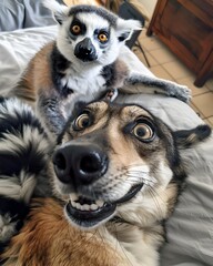 Obraz premium Goofy Selfie Dog and Lemur Pose Together in Photo