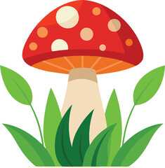 toadstool with green leaves and grass illustration style Colorful Mushroom