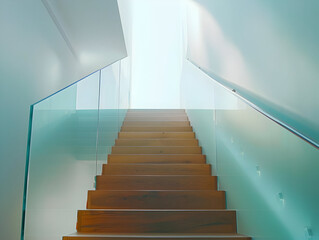 Fototapeta premium Modern Wooden Staircase with Glass Railing - Interior Design Photography