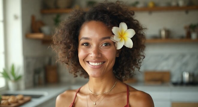 Tropical joy: Woman's radiant smile with flower. Close-up of smiling woman with curly hair and tropical flower.