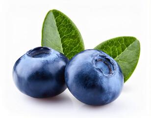 Obraz premium Two blueberries with leaves. Isolated on white background. Studio shot.