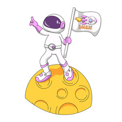 astronaut holding flag in the moon, Cartoon Vector Icon Illustration.  Flat Cartoon Style. Icon Concept Isolated Premium Vector.