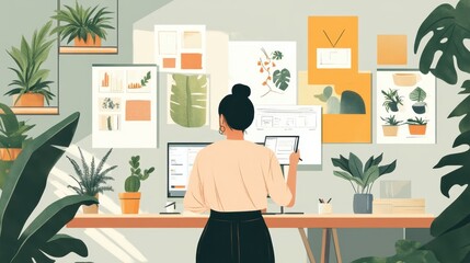 Fototapeta premium virtual interior design consultation, an interior design consultant virtually guiding a busy entrepreneur with mood boards and sketches on screen, against a serene backdrop with plants and personal 