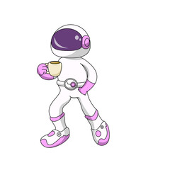 astranout drinking coffe, Cartoon Vector Icon Illustration.  Flat Cartoon Style. Icon Concept Isolated Premium Vector.