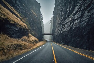 Foggy Road Tunnel Carved into a Mountain Cliff