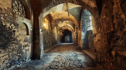 Extensive historical castle corridors with scary cave backdrops