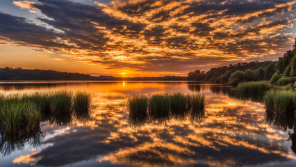 Obraz premium Golden hour paints water canvas with fiery hues, reflecting nature's masterpiece