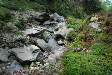 Water flowing through stones,beautiful waterfall inside Himalayan forest, Sikkim, India. Sikkim has many scenic waterfalls flowing across the state and these falls are very popular tourist attraction.