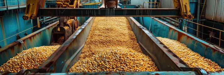Corn being loaded into the hold of a bulk carrier using an elevator crane.