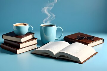 Naklejka premium Cup of coffee and an open book on a light blue background, serene atmosphere