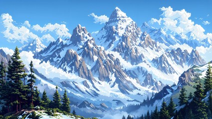 Fototapeta premium Breathtaking panorama of towering snow-capped peaks and lush greenery, where nature's majesty is on full display, inspiring awe and wonder in every viewer's heart and soul.